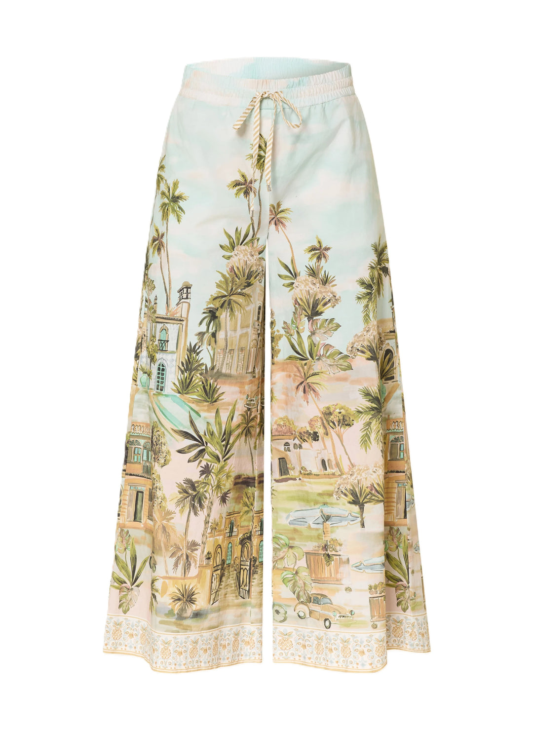 Hose Cambio Candice pale pastels mit Phantasieprint. Moderne und sommerliche Baumwollhose in einem wunderschönen Print. Die Hose hat einen elastischen Bund und eine höhere Leibhöhe. Das Bein ist leicht verkürzt und weit geschnitten. Die Hose kann mit einem Tunnelzug verstellt werden.