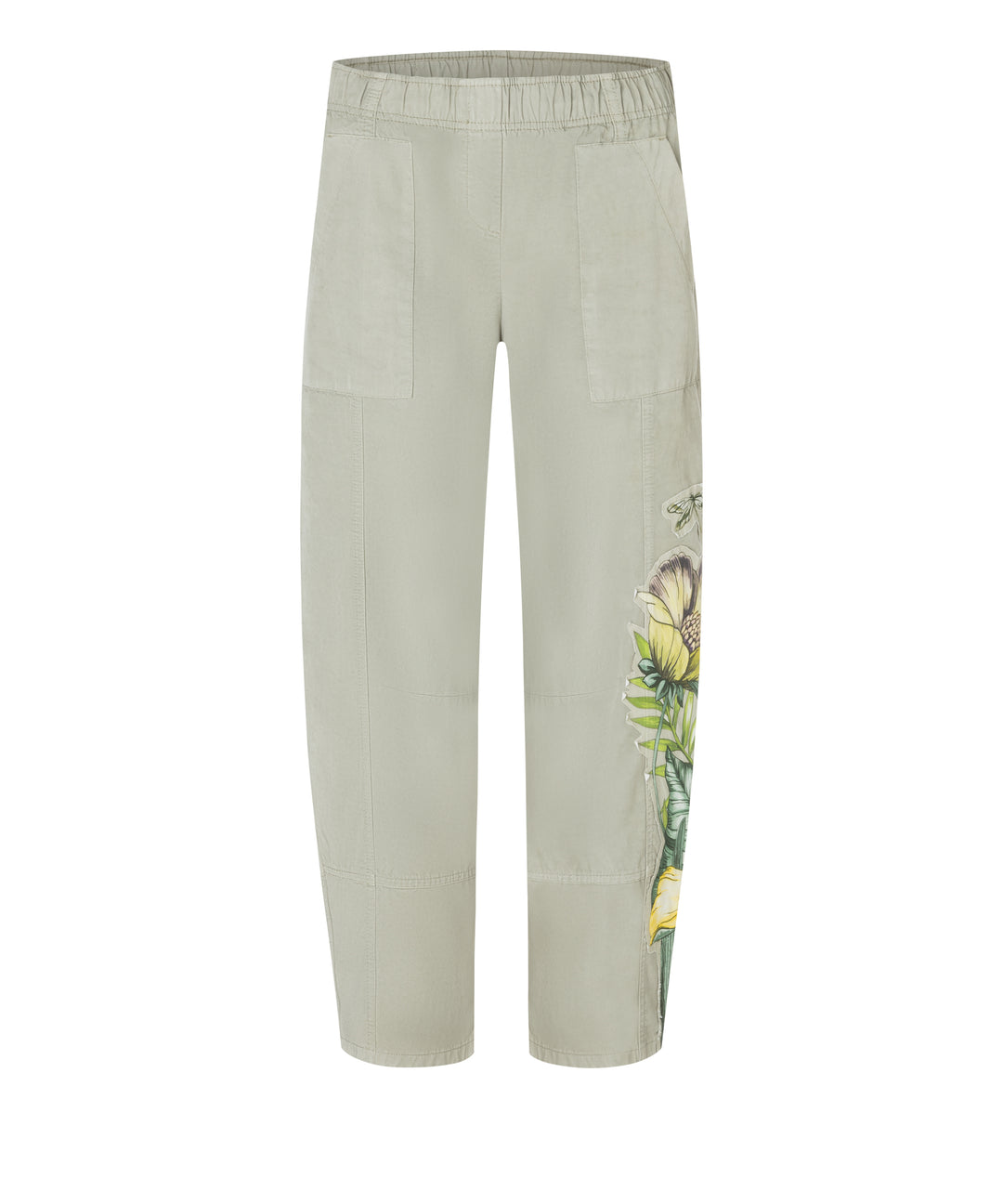 Hose von Cambio mit Gummibund und schöner Blumenstickerei Die Hose ist verkürzt und hat Taschen. Die Hose ist kaki 