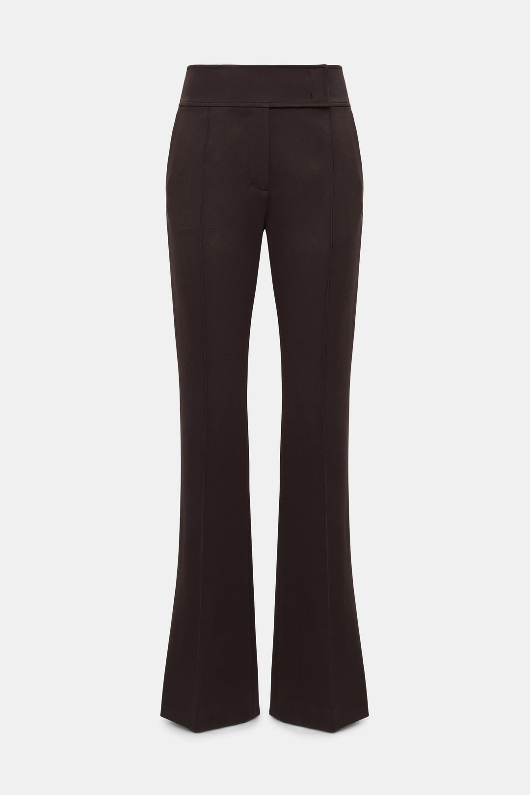 Hose Emotional Essence pants in dark chocolate braun von Dorothee Schumacher. Die Hose ist lang geschnitten, mit Kick und Biese und Gürtelschlaufen. 