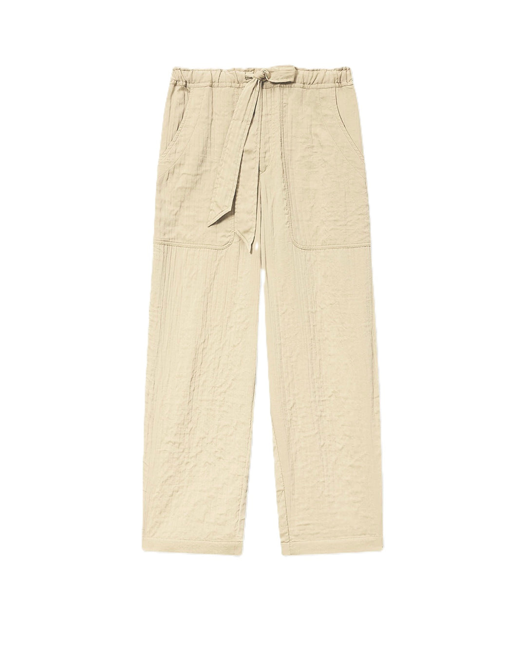 Hose Isabel Marant BILNA in ecru. Diese leichte Hose von Isabel Marant aus strukturiertem Baumwollmischgewebe ist gerade geschnitten und hat einen elastischen Bund mit Bindeband. Sie hat seitliche Eingriffstaschen im Cavalière-Stil und eine Paspeltasche hinten.