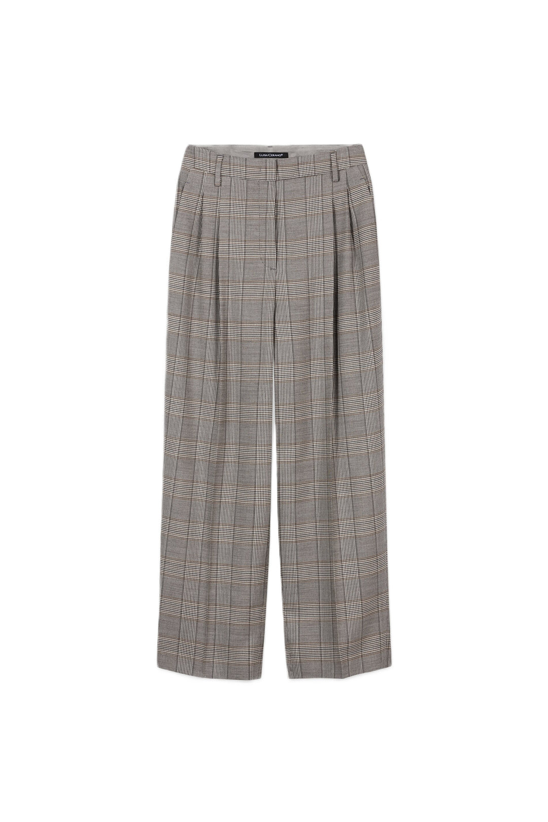 Graue Karo-Hose von Luisa Cerano im Glencheck-Dessin mit Tapered-Schnitt, Bundfalten und verkürzter Länge.