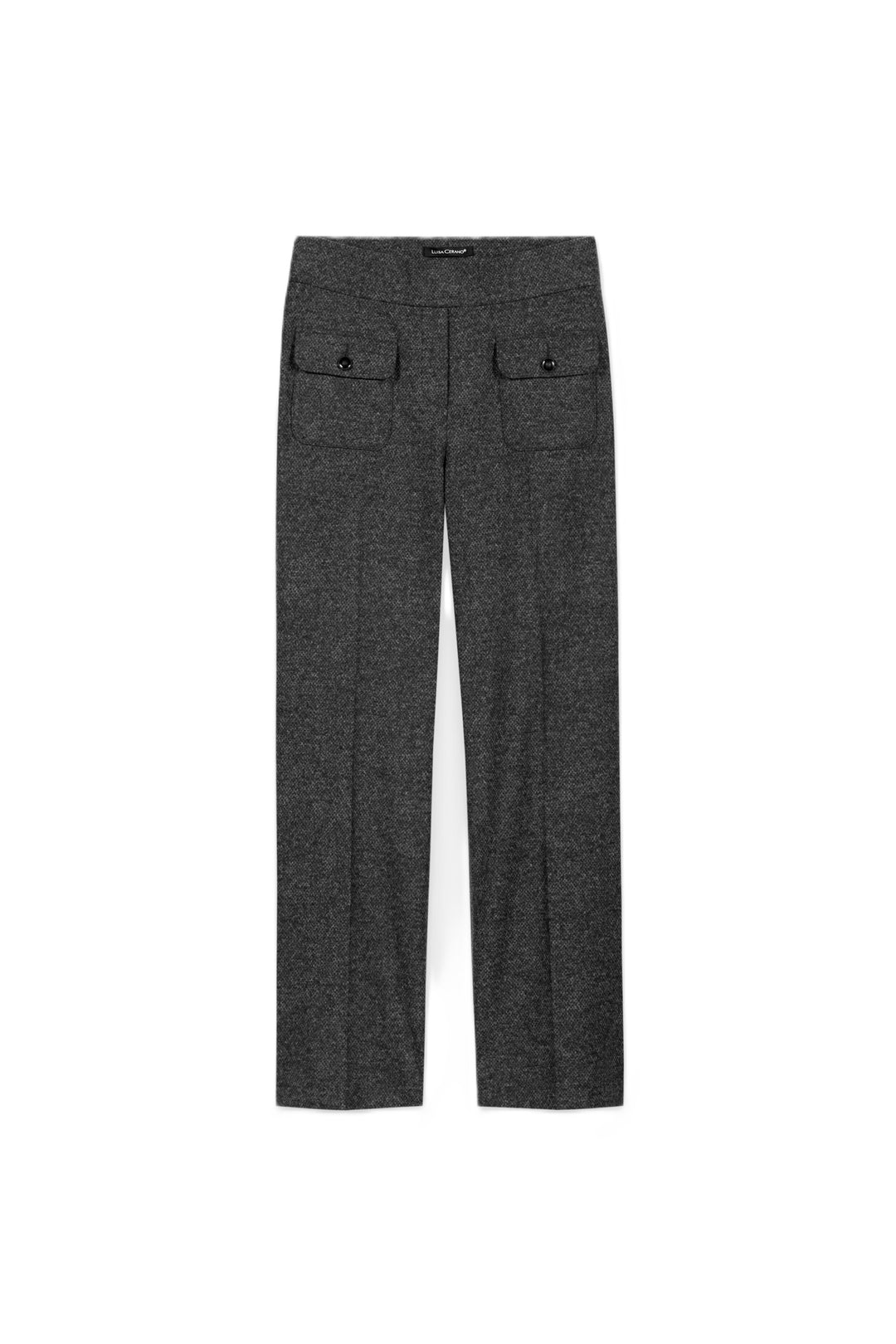 Graue Hose von Luisa Cerano aus Punto Milano mit Babyflare-Silhouette, aufgesetzten Taschen, Stretchbund und verkürztem Schnitt.