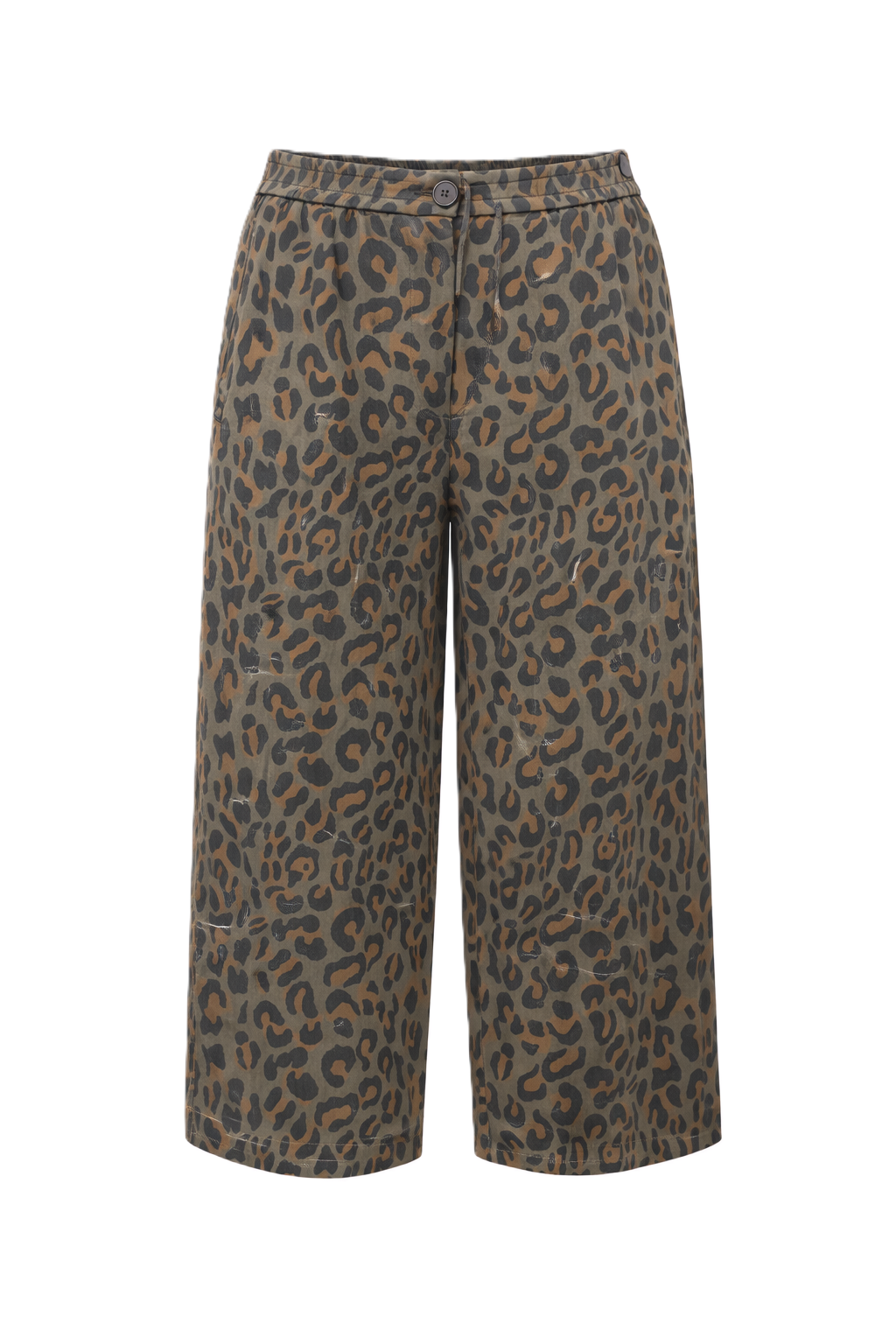 Hose von Narli. Diese coole Seidenhose ist lässig und weit geschnitten. Sie hat einen Gummibund und Taschen. Das Bein ist weit und leicht verkürzt. Leodruck mit Knopf.