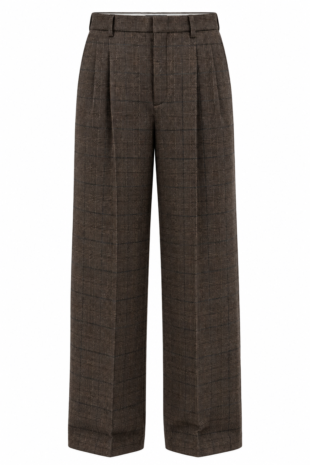 Hose Oui in Braun kariert. Elegante Anzugshose mit Bundfalten und klassischen Bügelfalten. Verdeckter Reißverschluss und Gürtelschlaufen. Zwei seitliche Hosentaschen und angedeutete Gesäßtaschen.