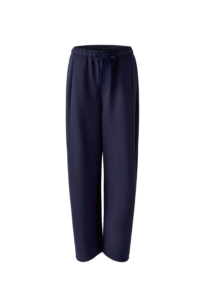 Dunkelblaue Hose von Oui im Barrel Fit aus weicher Scuba-Qualität mit Gummibund und verkürztem Schnitt.