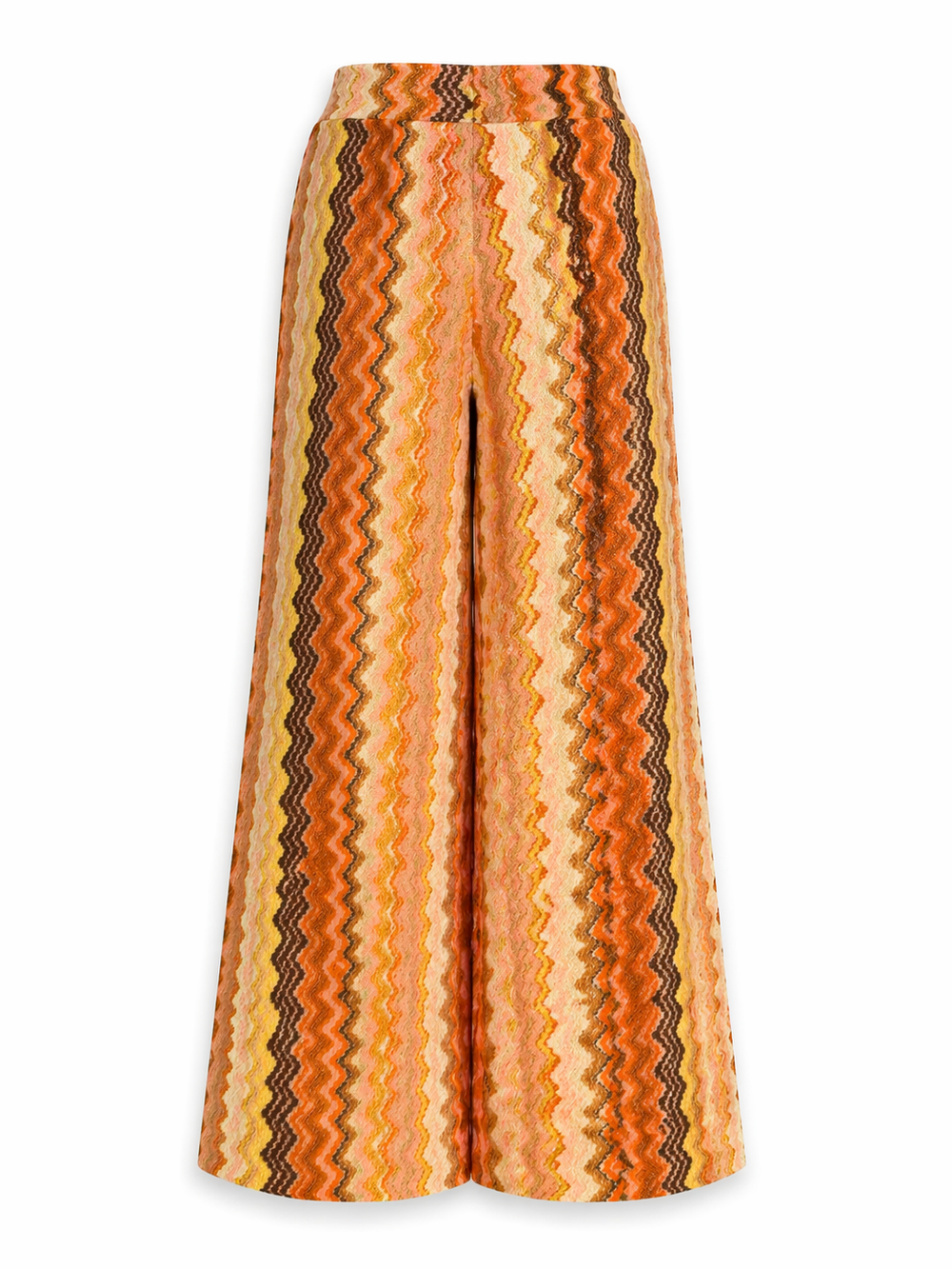 Sommerhose von Pho Firenze mit weitem Bein, Chevron-Muster und Glitzergarn in orange Tönen.
