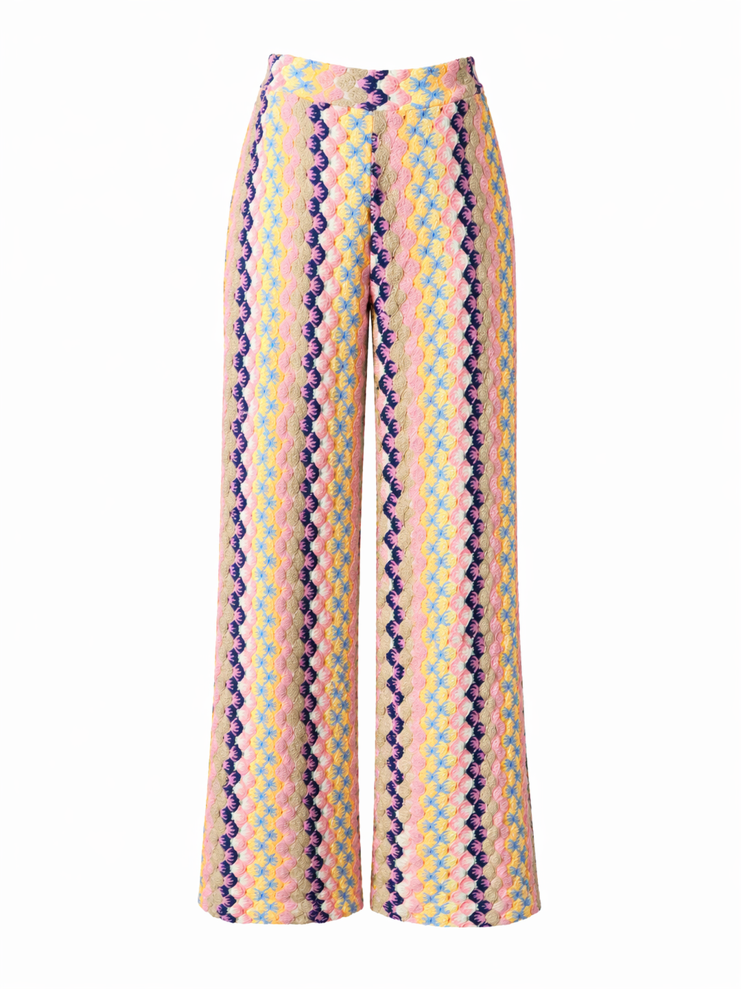 Hose Pho Firenze in rosa und lila. Schöne sommerliche Hose im berühmten Zickzack-Muster. Die Hose ist gerade geschnitten und hat einen Gummibund und Taschen. Die Beinlänge ist lang und ganz leicht ausgestellt.