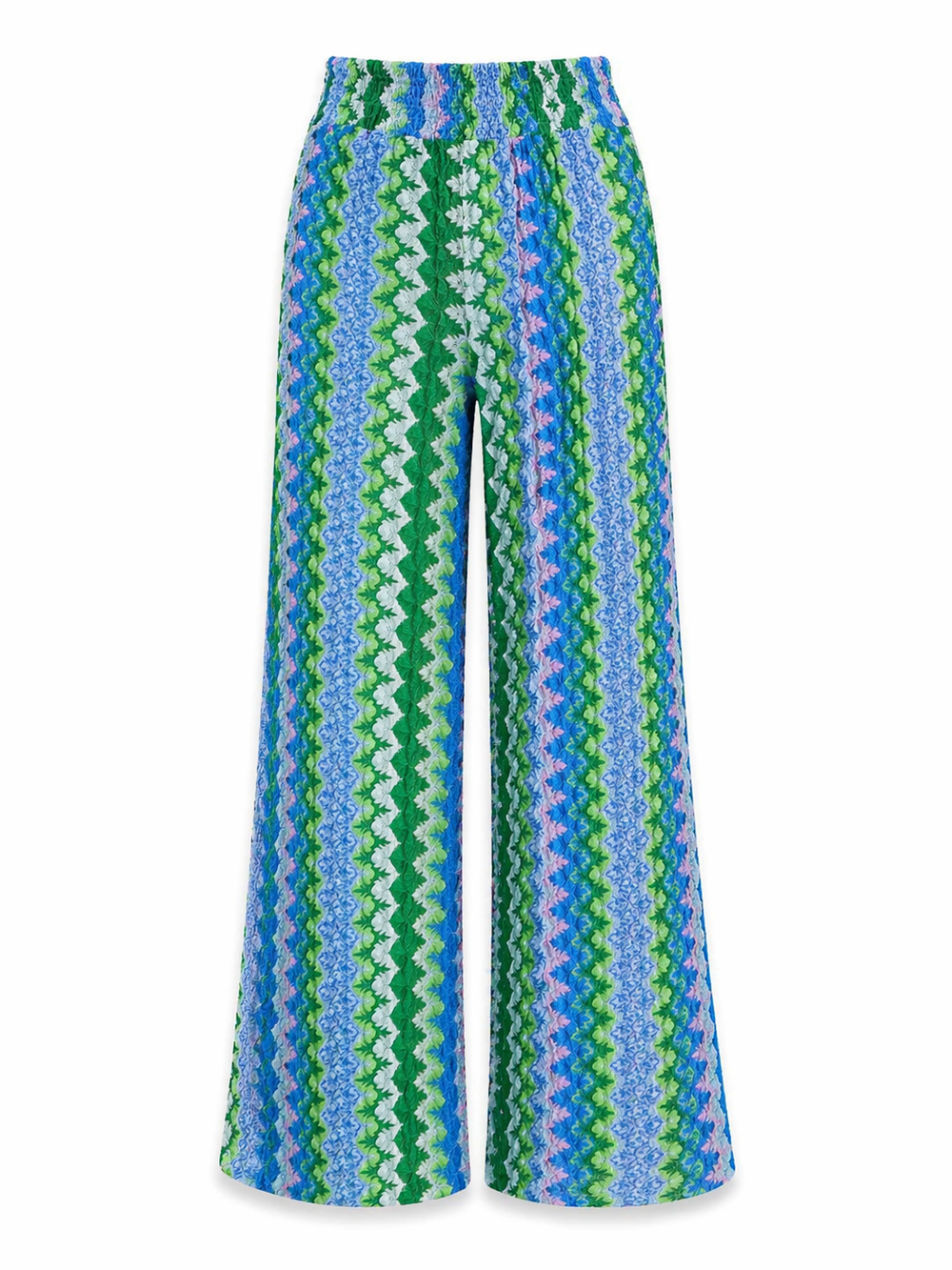 Hose Pho Firenze in blau und grün. Schöne sommerliche Hose im berühmten Zickzack-Muster. Die Hose ist gerade geschnitten und hat einen Gummibund und Taschen. Die Beinlänge ist lang und ganz leicht ausgestellt.