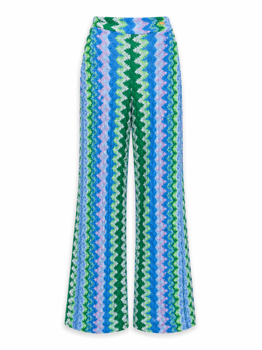 Hose Pho Firenze in blau und grün. Schöne sommerliche Hose im berühmten Zickzack-Muster. Die Hose ist gerade geschnitten und hat einen Gummibund und Taschen. Die Beinlänge ist lang und ganz leicht ausgestellt.