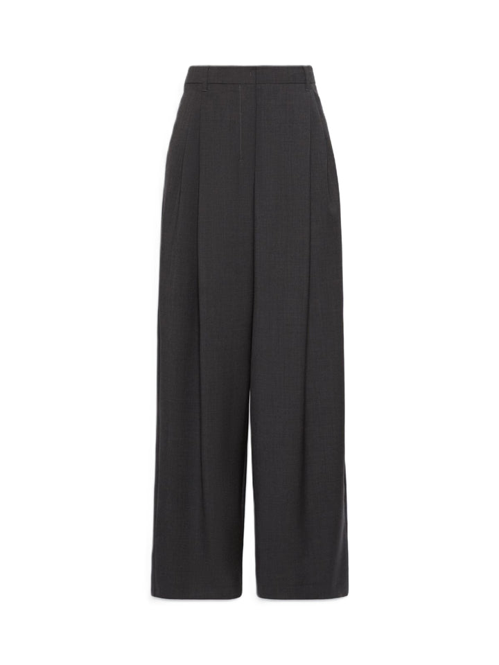 Hose S Max Mara SMMTARO in anthrazit. Diese Palazzohose hat ein weites Bein und doppelte Bundfalten vorne an der Taille. Die Hose ist lang und weit geschnitten und hat einen leichten Stretchanteil. Sie hat einen hohen Bund, einen Reißverschluss mit Patte und einem Häkchen. Die Taschen sind schräg angesetzt. 