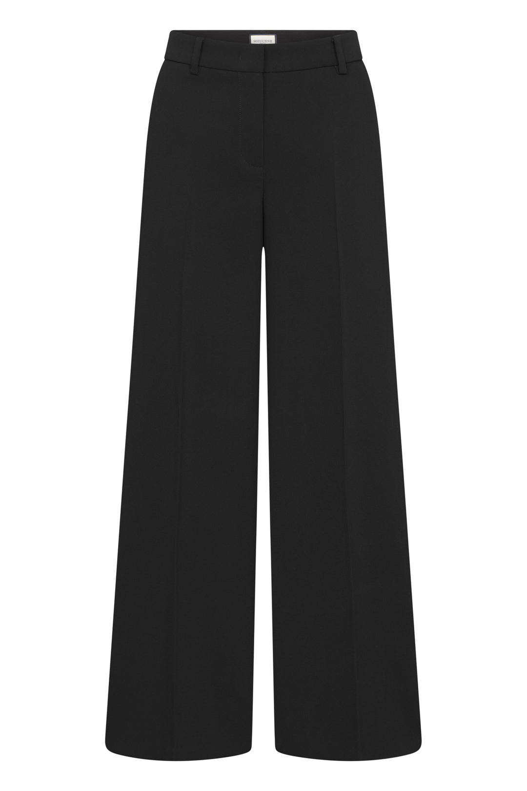 Hose Seductive Shiloh in schwarz. Elegante Hose mit weitem Bein und hoher Leibhöhe. Sie hat schräge Eingriffstaschen vorne und Leistentaschen hinten. Der Stoff ist fließend und angenehm zu tragen. Die Oberfläche ist leicht strukturiert. 