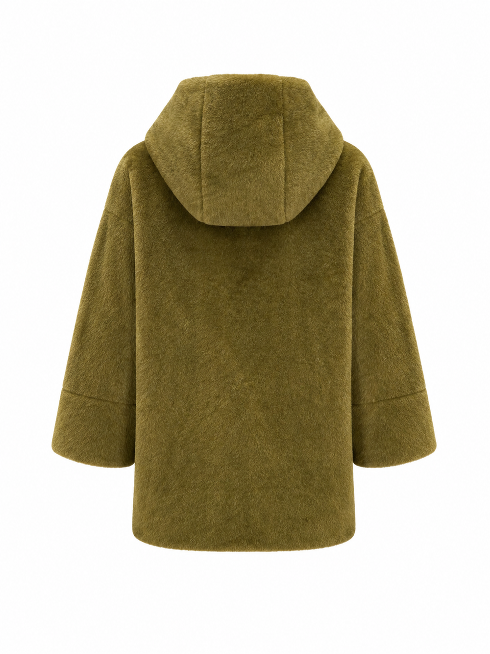 Grüne Fake-Fur-Jacke  von Betta Corradi mit Kapuze, weiten Ärmeln und silbernem Reißverschluss. Sie hat einen weiten Schnitt und geht bis über die Hüfte.
