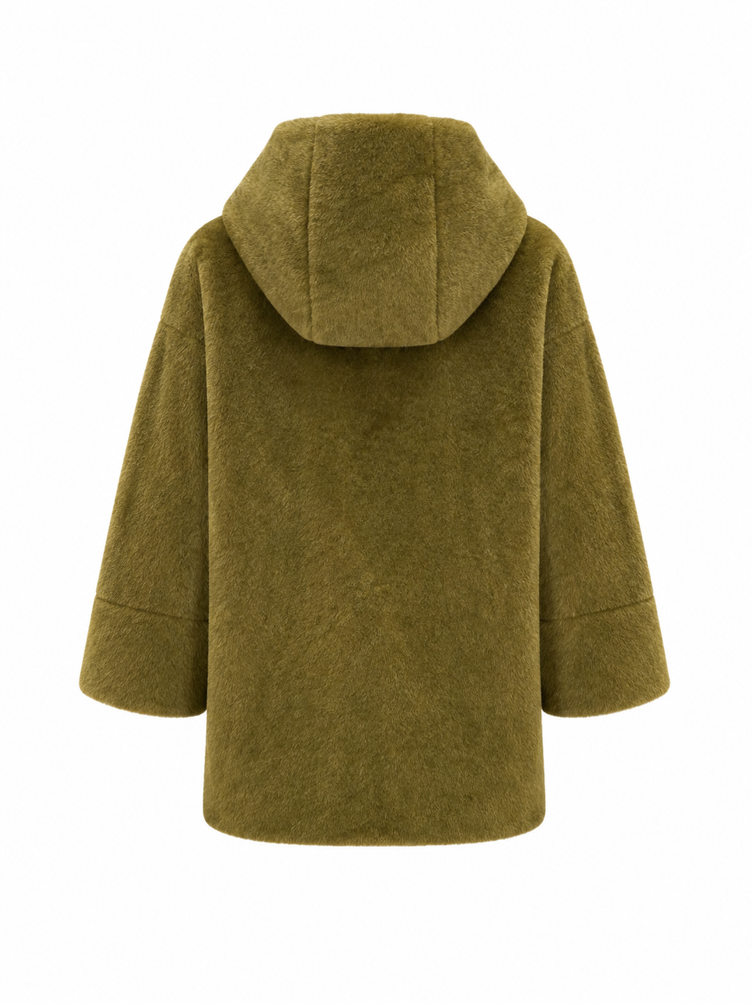 Grüne Fake-Fur-Jacke  von Betta Corradi mit Kapuze, weiten Ärmeln und silbernem Reißverschluss. Sie hat einen weiten Schnitt und geht bis über die Hüfte.