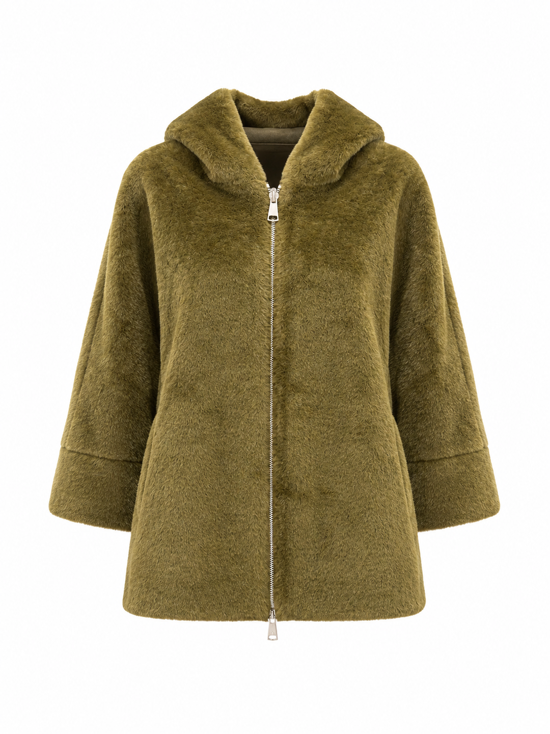 Grüne Fake-Fur-Jacke  von Betta Corradi mit Kapuze, weiten Ärmeln und silbernem Reißverschluss. Sie hat einen weiten Schnitt und geht bis über die Hüfte.
