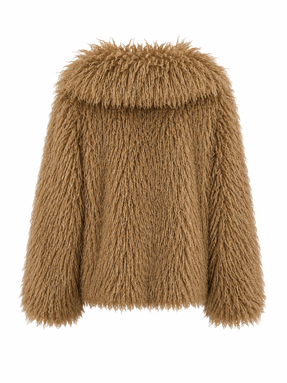 Die Jacke Giacca Tonda von Betta Corradi aus Langhaar-Kunstfell mit Oversized-Silhouette und großem Reverskragen in Braun.