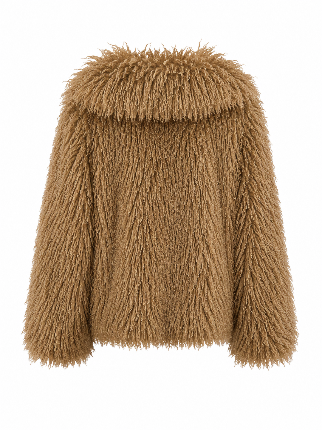 Die Jacke Giacca Tonda von Betta Corradi aus Langhaar-Kunstfell mit Oversized-Silhouette und großem Reverskragen in Braun.