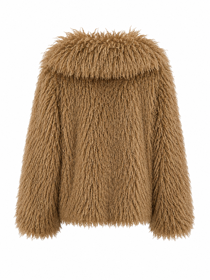 Die Jacke Giacca Tonda von Betta Corradi aus Langhaar-Kunstfell mit Oversized-Silhouette und großem Reverskragen in Braun.