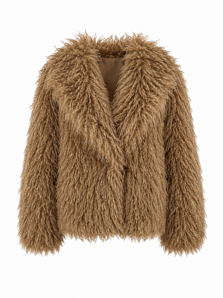 Die Jacke Giacca Tonda von Betta Corradi aus Langhaar-Kunstfell mit Oversized-Silhouette und großem Reverskragen in Braun.