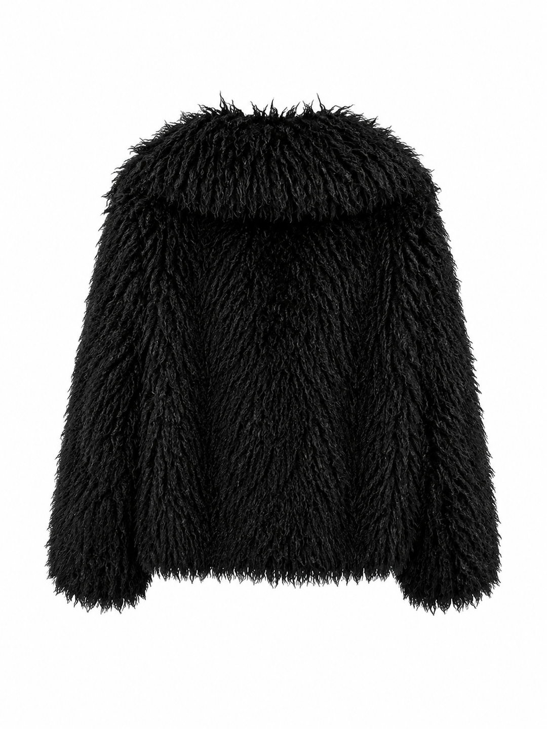Die Jacke Giacca Tonda von Betta Corradi aus Langhaar-Kunstfell mit Oversized-Silhouette und großem Reverskragen in Schwarz.