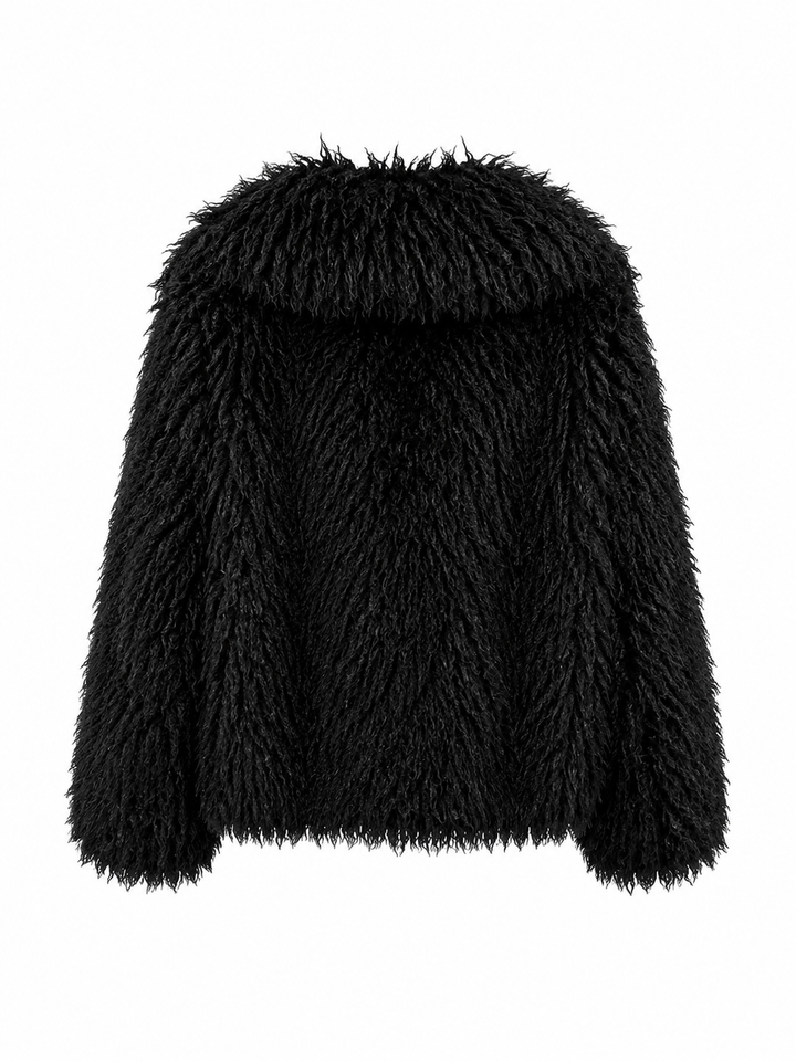 Die Jacke Giacca Tonda von Betta Corradi aus Langhaar-Kunstfell mit Oversized-Silhouette und großem Reverskragen in Schwarz.