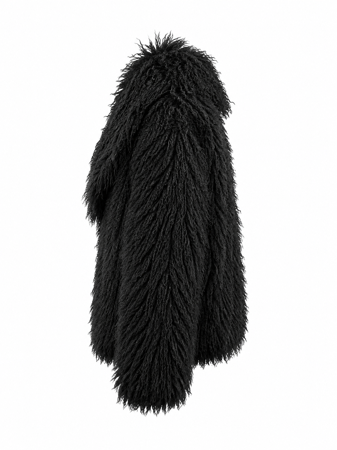 Die Jacke Giacca Tonda von Betta Corradi aus Langhaar-Kunstfell mit Oversized-Silhouette und großem Reverskragen in Schwarz.