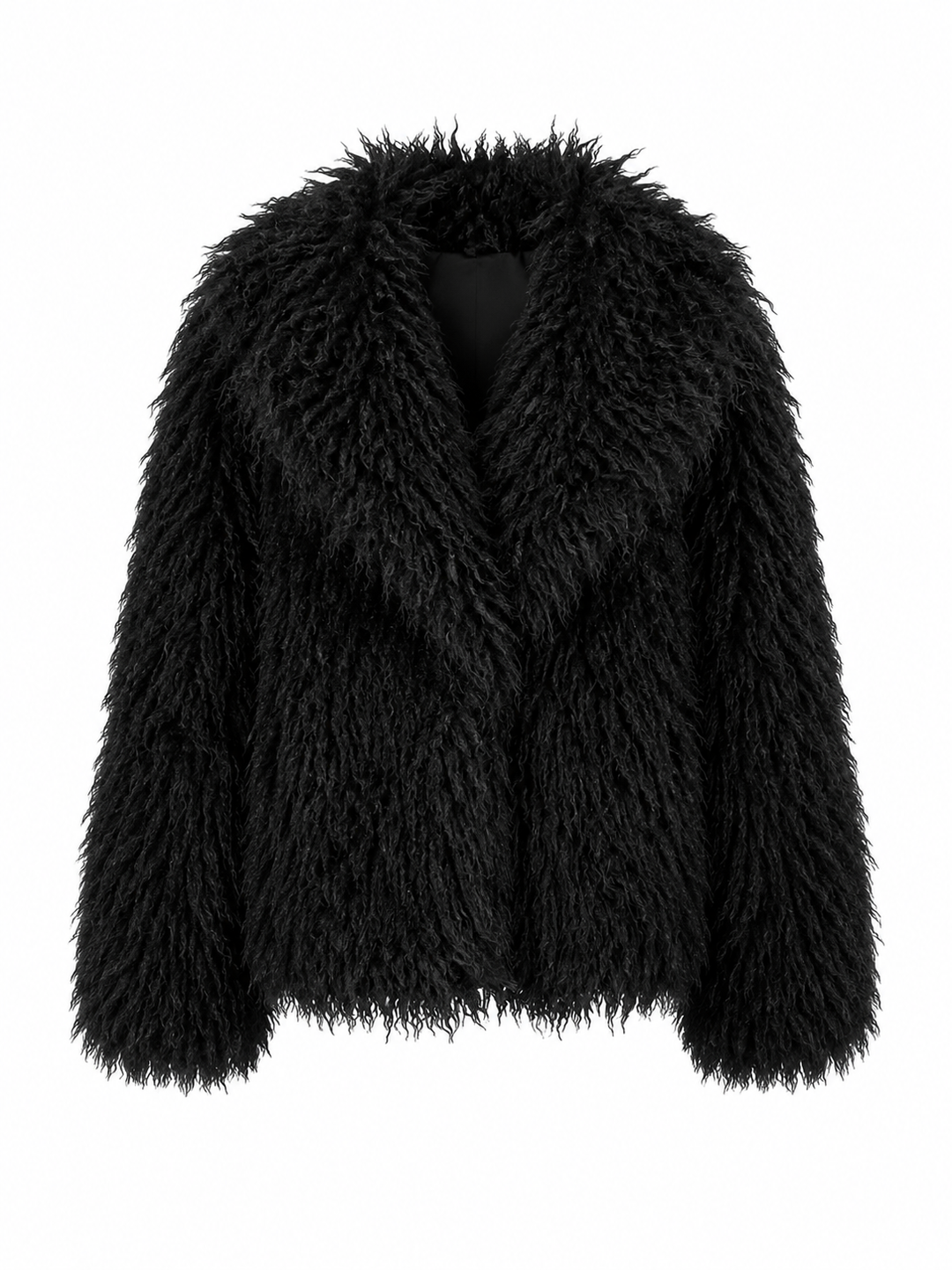 Die Jacke Giacca Tonda von Betta Corradi aus Langhaar-Kunstfell mit Oversized-Silhouette und großem Reverskragen in Schwarz.