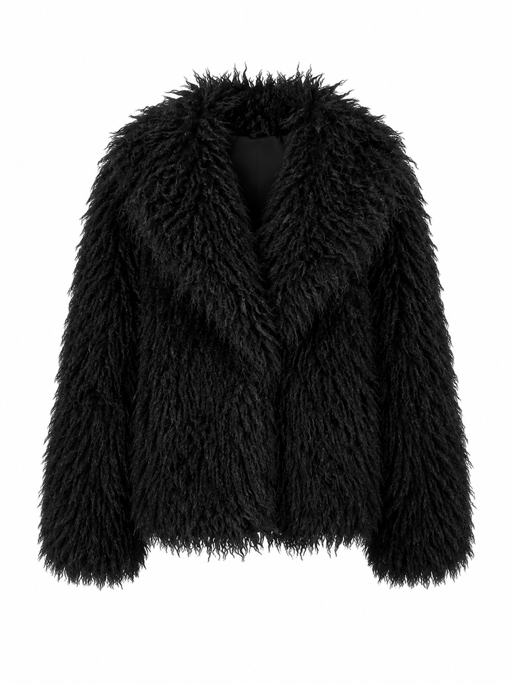 Die Jacke Giacca Tonda von Betta Corradi aus Langhaar-Kunstfell mit Oversized-Silhouette und großem Reverskragen in Schwarz.