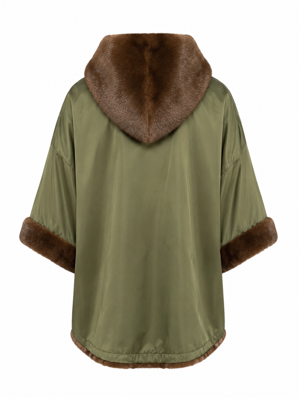 Grüne Cape-Jacke von Betta Corradi aus Nylon mit Kimono-Ärmeln, Fake-Fur-Kapuze und Fellbesatz an den Ärmeln