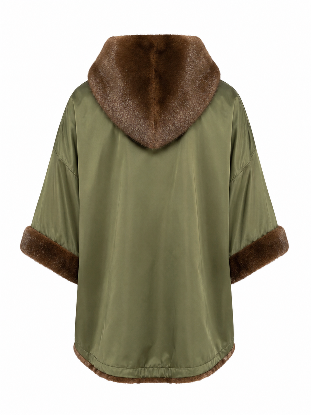 Grüne Cape-Jacke von Betta Corradi aus Nylon mit Kimono-Ärmeln, Fake-Fur-Kapuze und Fellbesatz an den Ärmeln