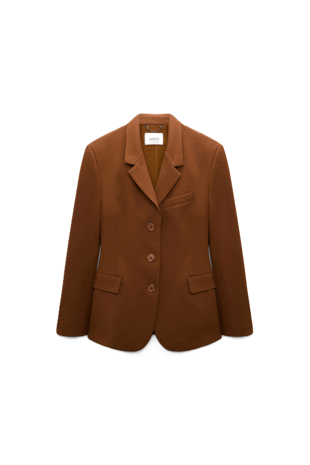 Brauner Blazer von Dorothee Schumacher aus Punto Milano mit figurbetonter Passform und Reverskragen.