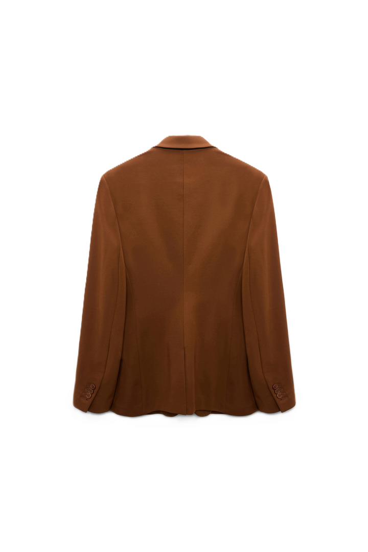 Brauner Blazer von Dorothee Schumacher aus Punto Milano mit figurbetonter Passform und Reverskragen.