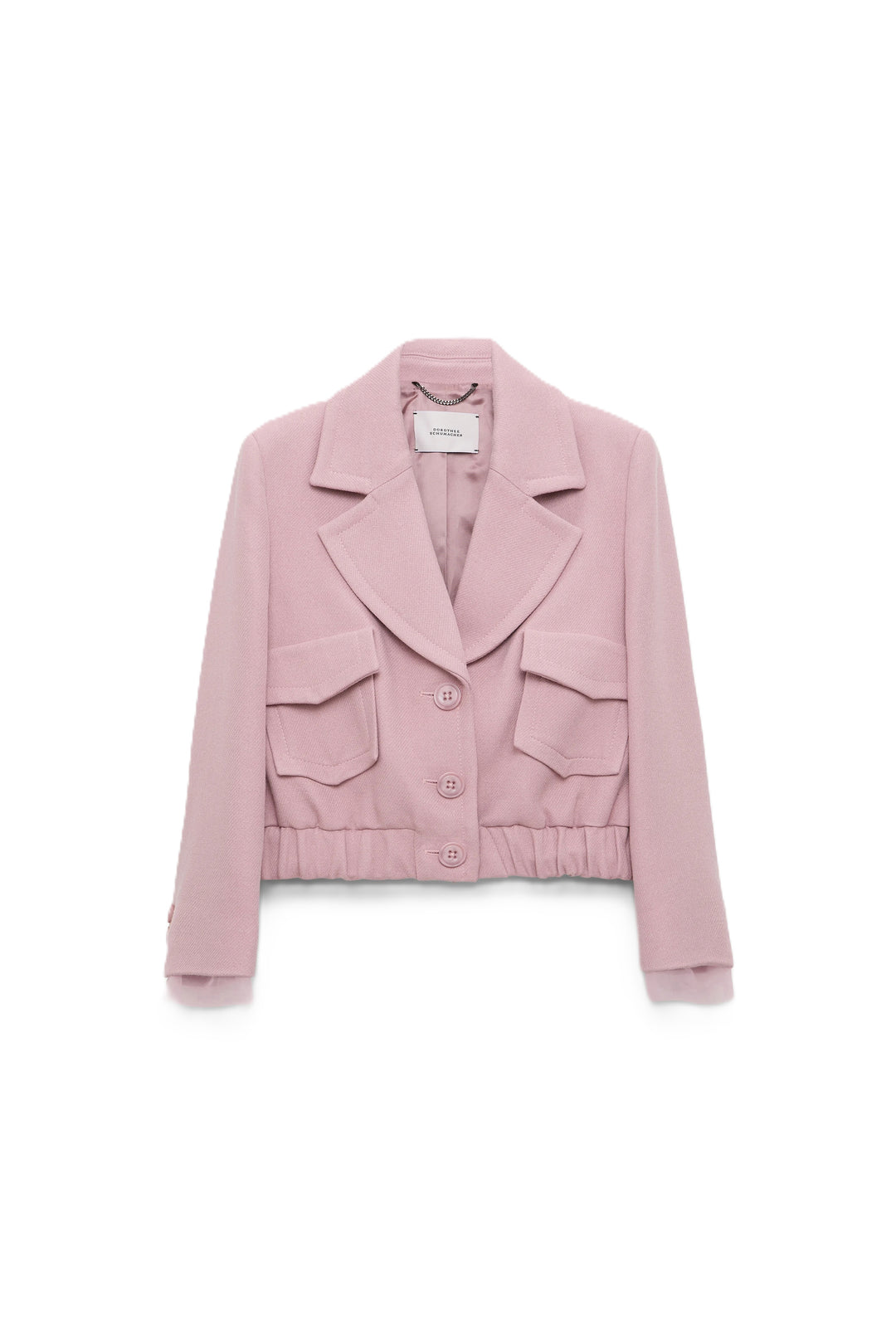 Jacke Dorothee Schumacher Layered Coolness Jacket in rosa. Die Jacke ist kurz geschnitten hat Knöpfe und einen Gummizug. 