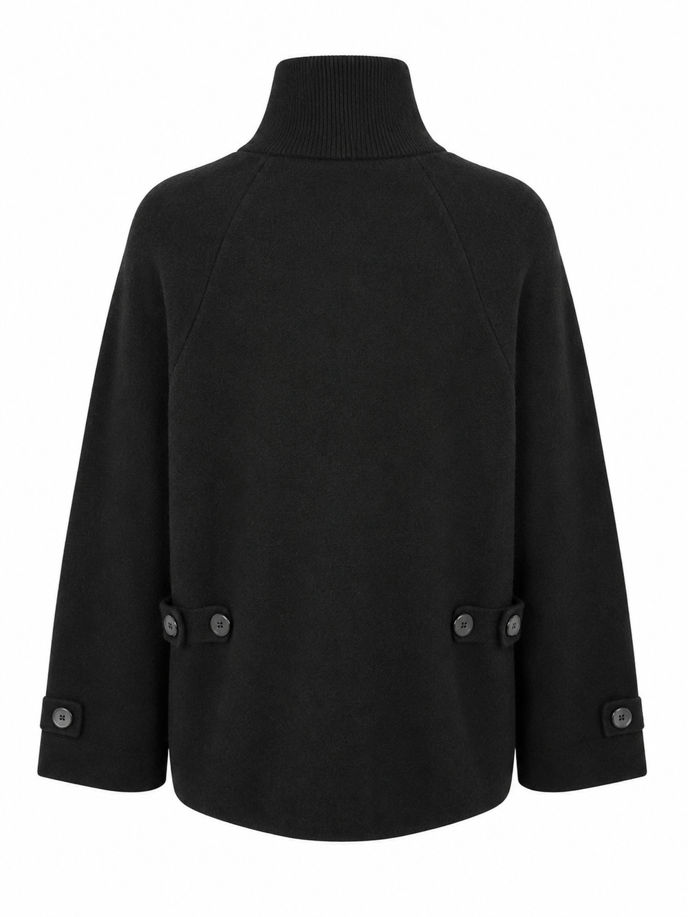 Schwarze Jacke von Handmade mit Stehkragen, weiten Ärmeln, Knopfleiste und aufgesetzten Pattentaschen.