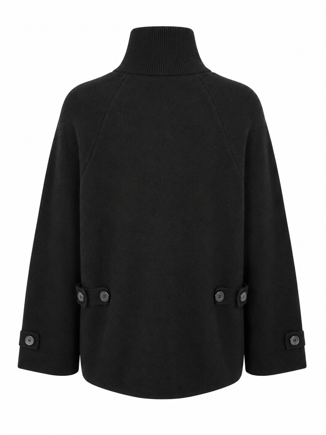 Schwarze Jacke von Handmade mit Stehkragen, weiten Ärmeln, Knopfleiste und aufgesetzten Pattentaschen.