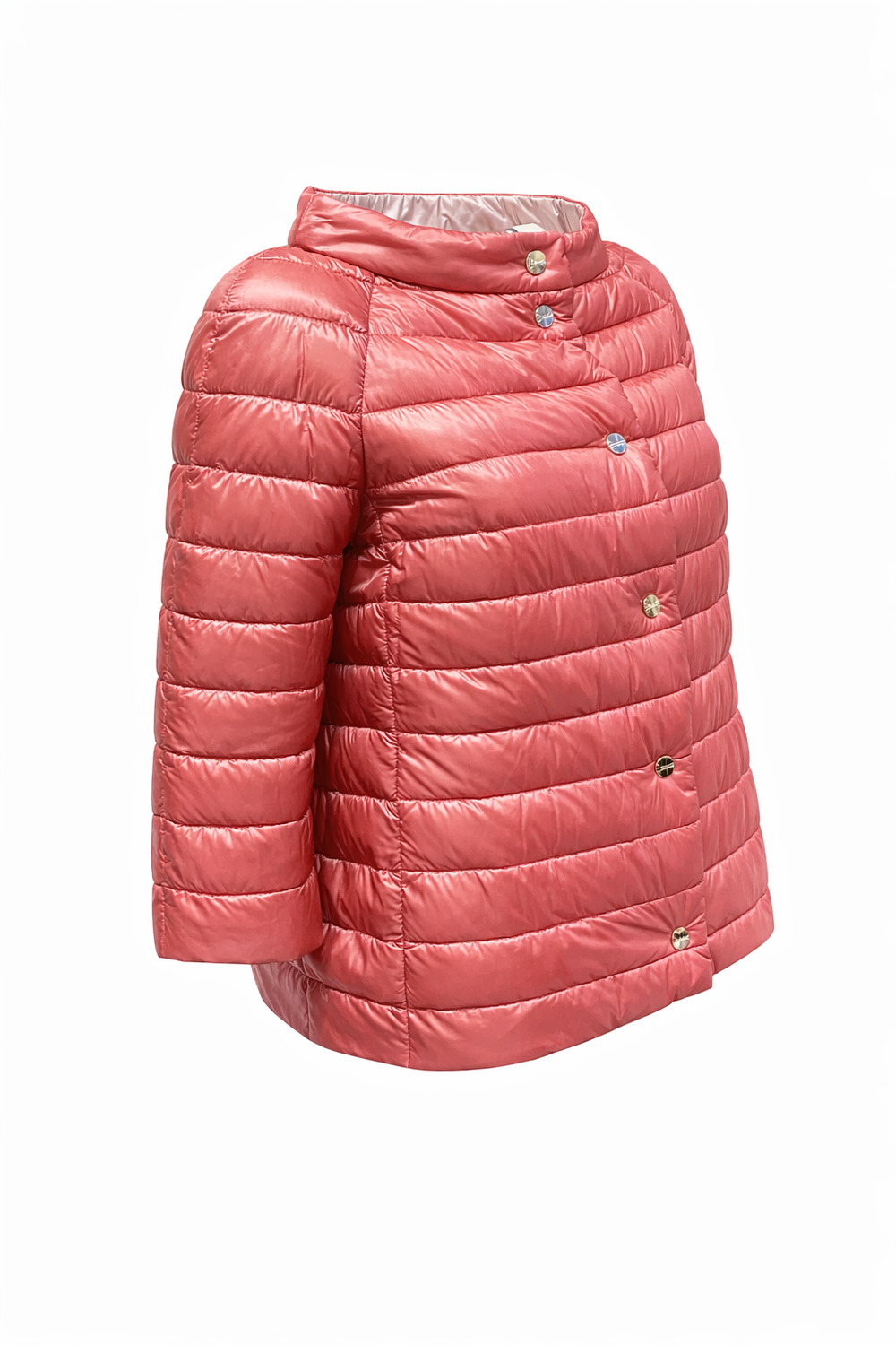 Jacke von Herno ist Wendbar und hat Druckknöpfe. Die Jacke hat eine Seite in rosa die andere in erdbeerfarben. Sie hat 3/4 Ärmel und ist eine Leichtdaube mit Druckknöpfen. 
