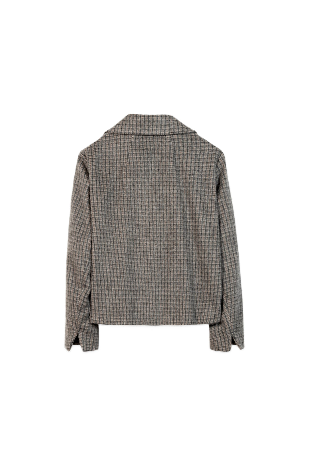 Jacke Luisa Cerano Heather Grey. Diese kurze Cabanjacke aus gebürstetem Wolle-Mohair-Mix überzeugt mit ihrem karierten Design und einer weichen, hochwertigen Haptik. Der lockere Schnitt, die doppelreihige Knopfleiste mit Hornknöpfen und aufgesetzte Eingriffstaschen verleihen ihr einen modernen Look.