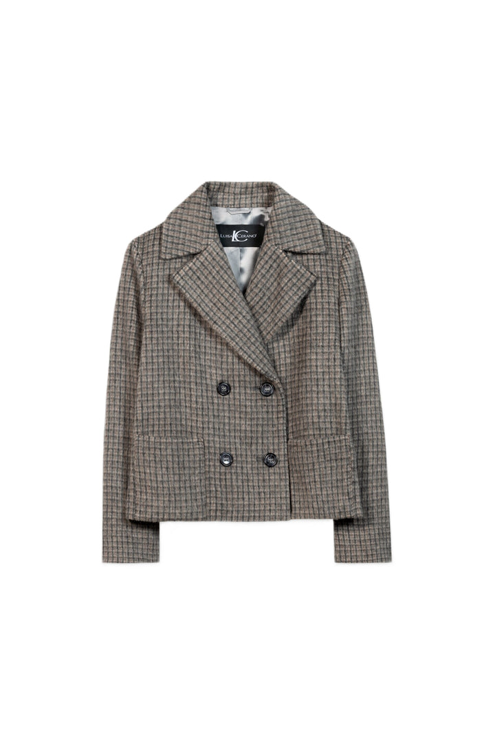 Jacke Luisa Cerano Heather Grey. Diese kurze Cabanjacke aus gebürstetem Wolle-Mohair-Mix überzeugt mit ihrem karierten Design und einer weichen, hochwertigen Haptik. Der lockere Schnitt, die doppelreihige Knopfleiste mit Hornknöpfen und aufgesetzte Eingriffstaschen verleihen ihr einen modernen Look.