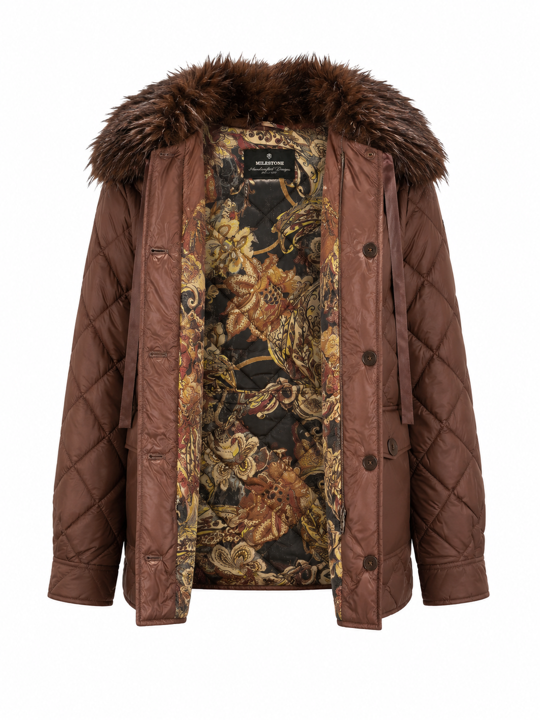 Jacke Milestone MSMelina in braun. Die Jacke ist komplett gesteppt und einen abnehmbaren Federkragen. Sie hat aufgesetzte Taschen und schöne Knöpfe. Die Jacke ist mittellang und leicht. 