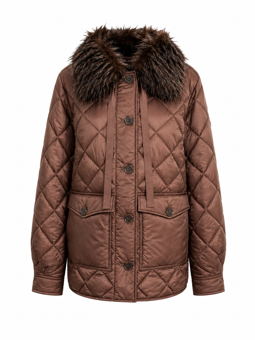 Jacke Milestone MSMelina in braun. Die Jacke ist komplett gesteppt und einen abnehmbaren Federkragen. Sie hat aufgesetzte Taschen und schöne Knöpfe. Die Jacke ist mittellang und leicht. 