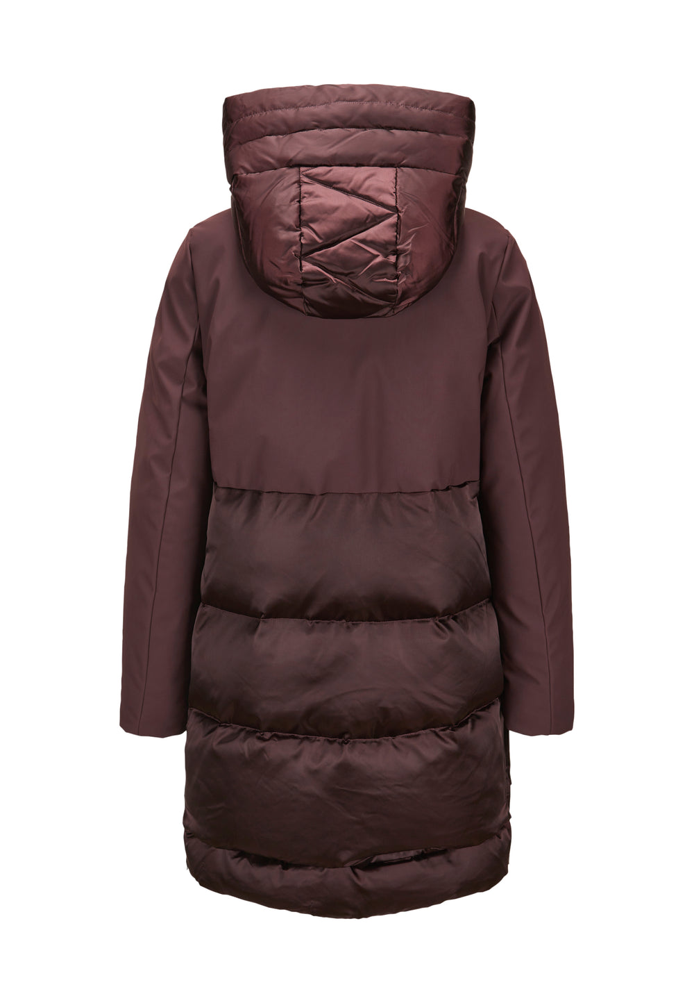 Rotbraune Winterjacke MSFabienne von MILESTONE mit Daunen-Feder-Füllung, Kapuze, hoher Taille und Materialmix aus glänzendem Satin und mattem Funktionsstoff.