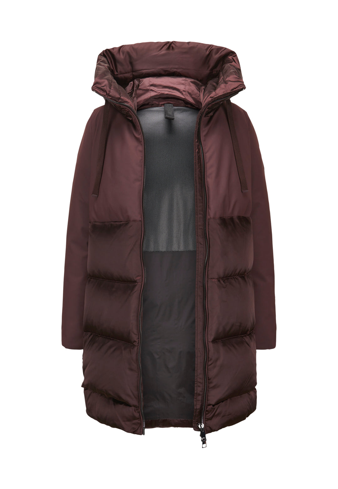 Rotbraune Winterjacke MSFabienne von MILESTONE mit Daunen-Feder-Füllung, Kapuze, hoher Taille und Materialmix aus glänzendem Satin und mattem Funktionsstoff.
