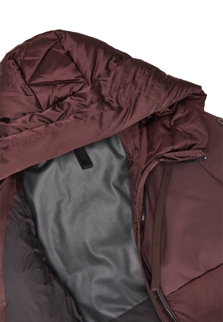 Rotbraune Winterjacke MSFabienne von MILESTONE mit Daunen-Feder-Füllung, Kapuze, hoher Taille und Materialmix aus glänzendem Satin und mattem Funktionsstoff.