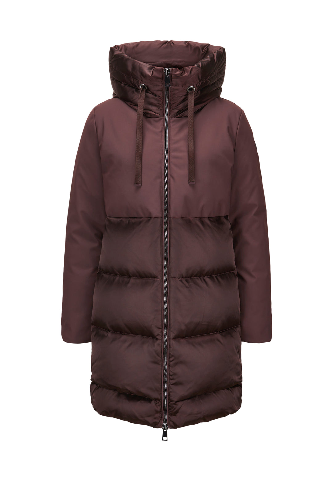 Rotbraune Winterjacke MSFabienne von MILESTONE mit Daunen-Feder-Füllung, Kapuze, hoher Taille und Materialmix aus glänzendem Satin und mattem Funktionsstoff.