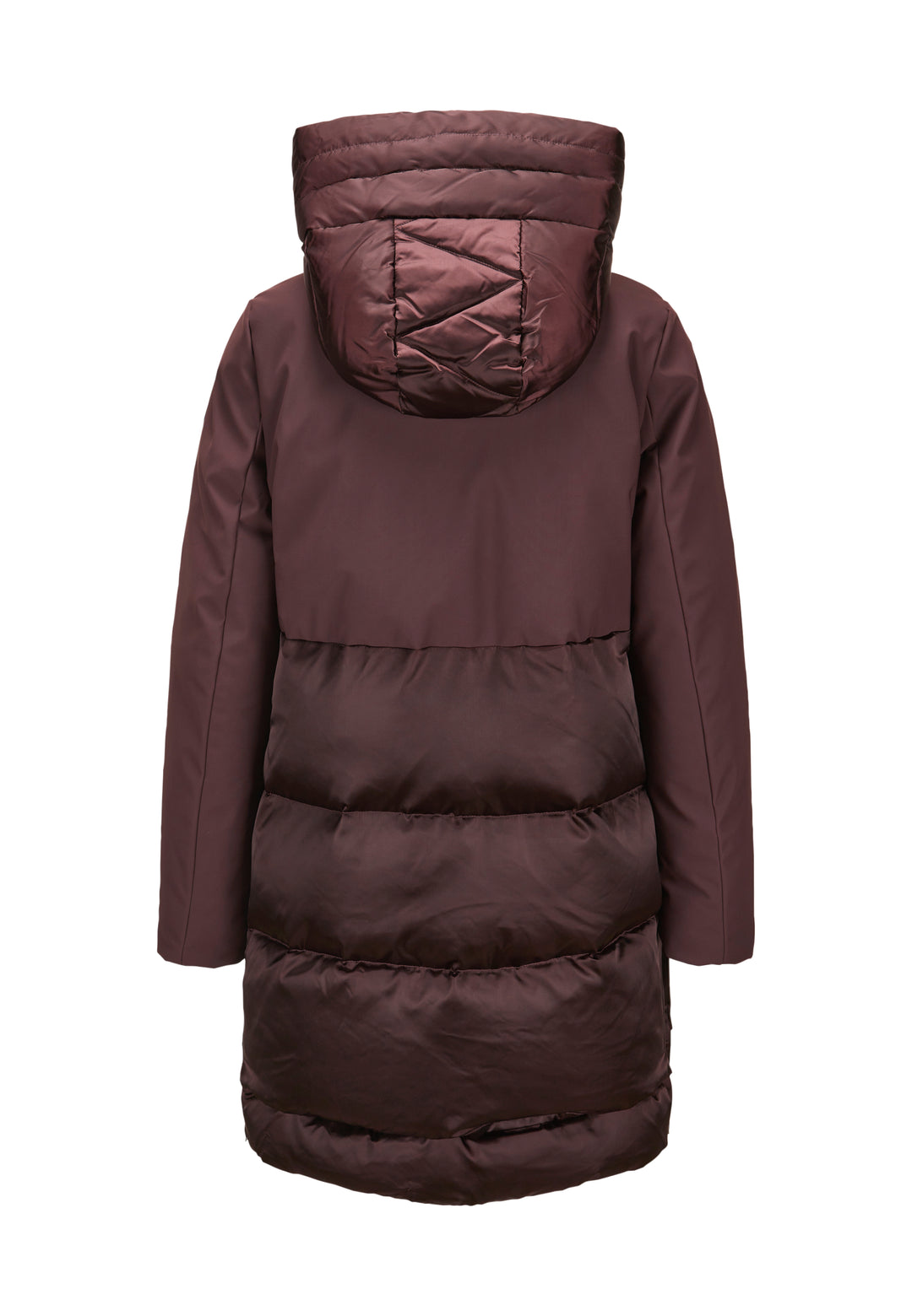Jacke MILESTONE MSFabienne in Rotbraun. Diese Winterjacke kombiniert glänzenden Satin mit mattem Funktionsstoff. Die Daunen-Feder-Füllung sorgt für einen angenehmen und warmen Tragekomfort. Inklusive hoher Taille, Kapuze mit Tunnelzug und praktischen Reißverschlusstaschen.