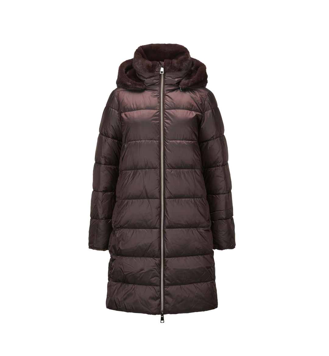 Jacke MILESTONE MSLouise in Mink mit leicht ausgestellter A-Linie, abnehmbarer Kapuze und kuscheligem Kunstfell im Kragen- und Kapuzenbereich, an der vorderen Kante und am Ärmelsaum. Der metallisierte Zwei-Wege-Reißverschluss und seitliche Reißverschlusstaschen ergänzen das winterliche Design.