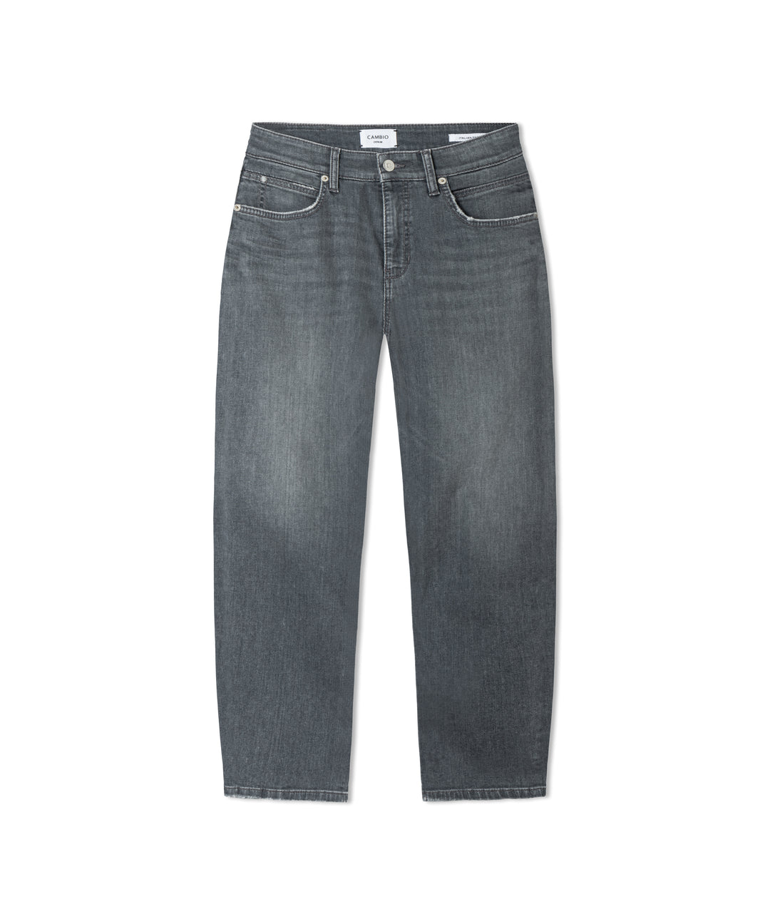 Jeans Cambio Elli in grey cosy used. Jeans in leicht verwaschenen grau. Die Jeans ist leicht verkürzt und hat ein gerades Bein. Sie hat Taschen, Knopf und Reißverschluss. Sie hat klassische Gürtelschlaufen.
