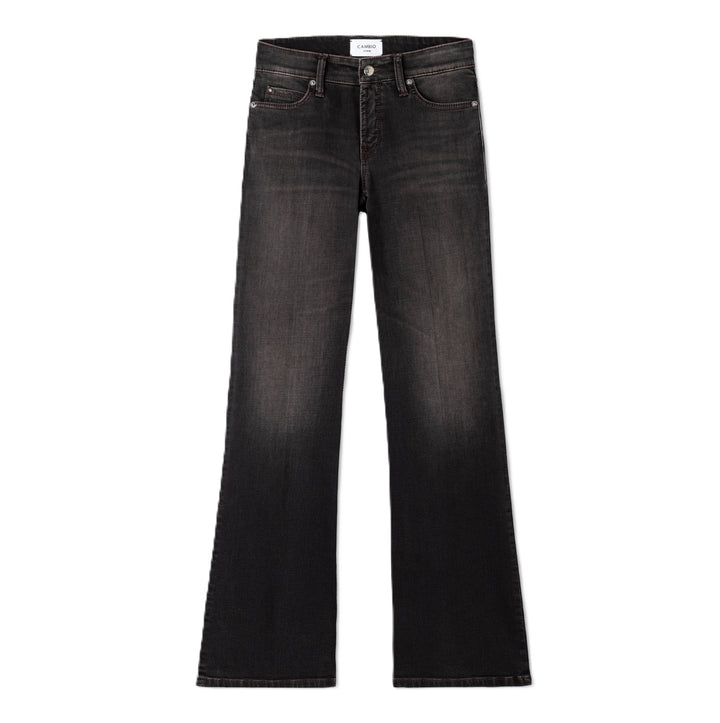 Jeans Cambio Paris Flared in Dunkelbraun. Dezente Used-Optik mit Mid-Waist und ausgestelltem Flared Leg. Klassischer Five-Pocket-Style mit kontrastierenden Steppnähten. 