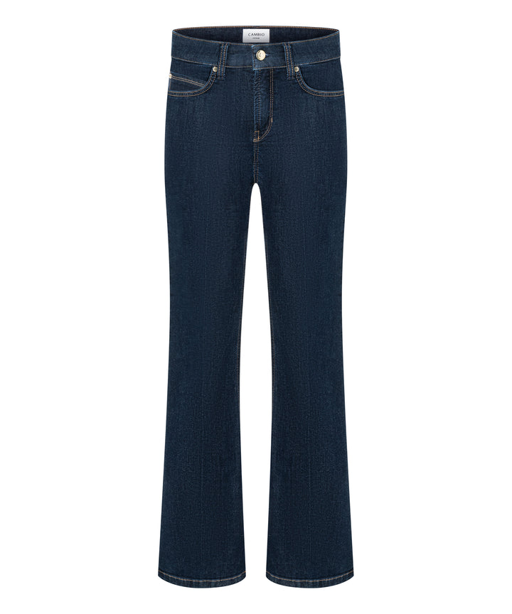 Jeans Cambio Paris flared basic rinsed washed. Super schöne und moderne Jeans in einem ungewaschenen blau. Die Jeans ist lang und schmal geschnitten und hat einen leichten Kick. Die Jeans hat eine mittlere Leibhöhe und einen Reißverschluss. Die Form ist ein 5-Pocket-Style