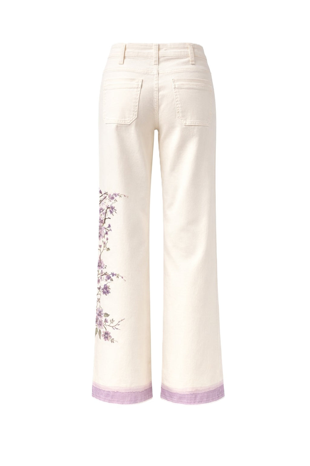 Jeans von Cambio Tess-pocket cropped mit wunderschönem Blumenprint seitlich. Die Hose ist verkürzt und hat aufgesetzte Taschen in beige mit lila Akzenten.