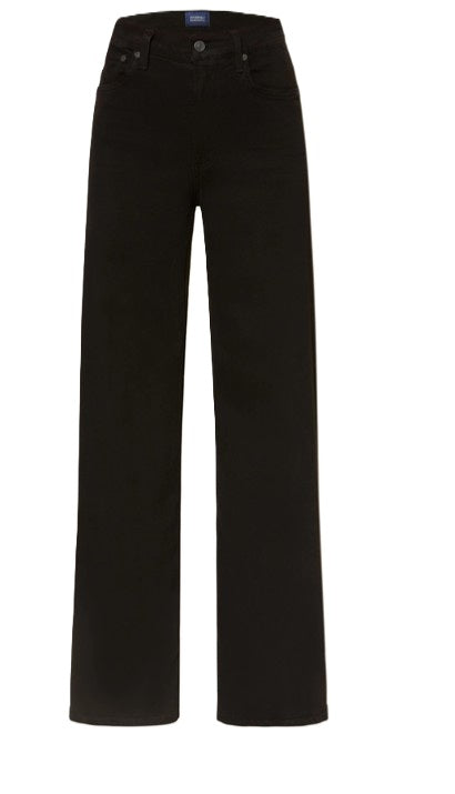 Jeans Citizens of Humanity Lyra in black. Die schwarze Jeans hat ein gerades weites Bein und eine angenehm weiche Haptik. Sie hat Gürtelschlaufen und einen Zip-Fly-Verschluss. Die Jeans ist im&amp;nbsp;5-Pocket-Style geschnitten. Aufgrund der weichen Ware und dem Stretchanteil hat die Hose einen angenehmen Tragekomfort.